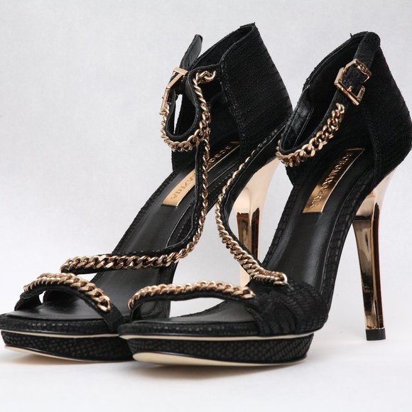 BCBGMaxAria Gold Chain Black Strappy Heels - Picture 1 of 6